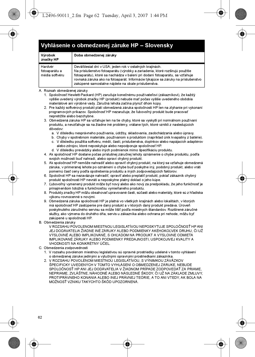 HP E manual Vyhlásenie o obmedzenej záruke HP Slovensky, L2496-900112.fm Page 62 Tuesday, April 3, 2007 144 PM 