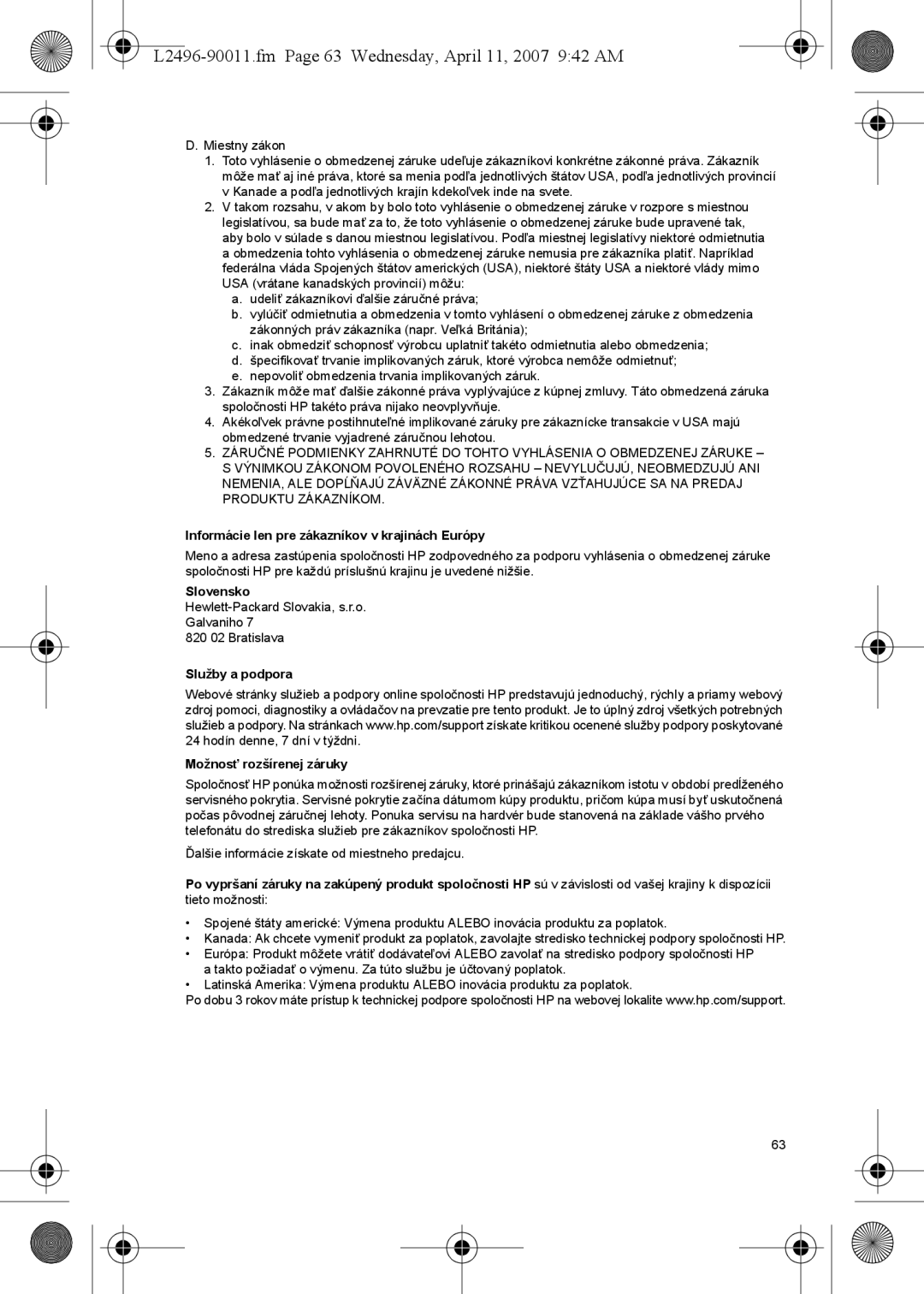 HP manual L2496-90011.fm Page 63 Wednesday, April 11, 2007 942 AM, Informácie len pre zákazníkov v krajinách Európy 