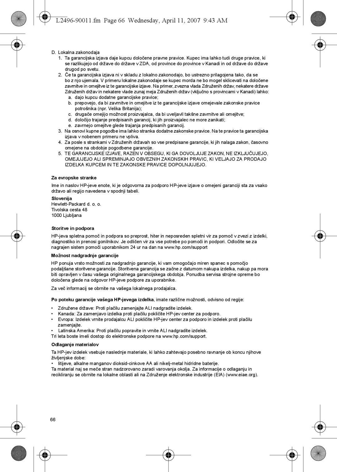 HP E manual L2496-90011.fm Page 66 Wednesday, April 11, 2007 943 AM, Za evropske stranke, Odlaganje materialov 