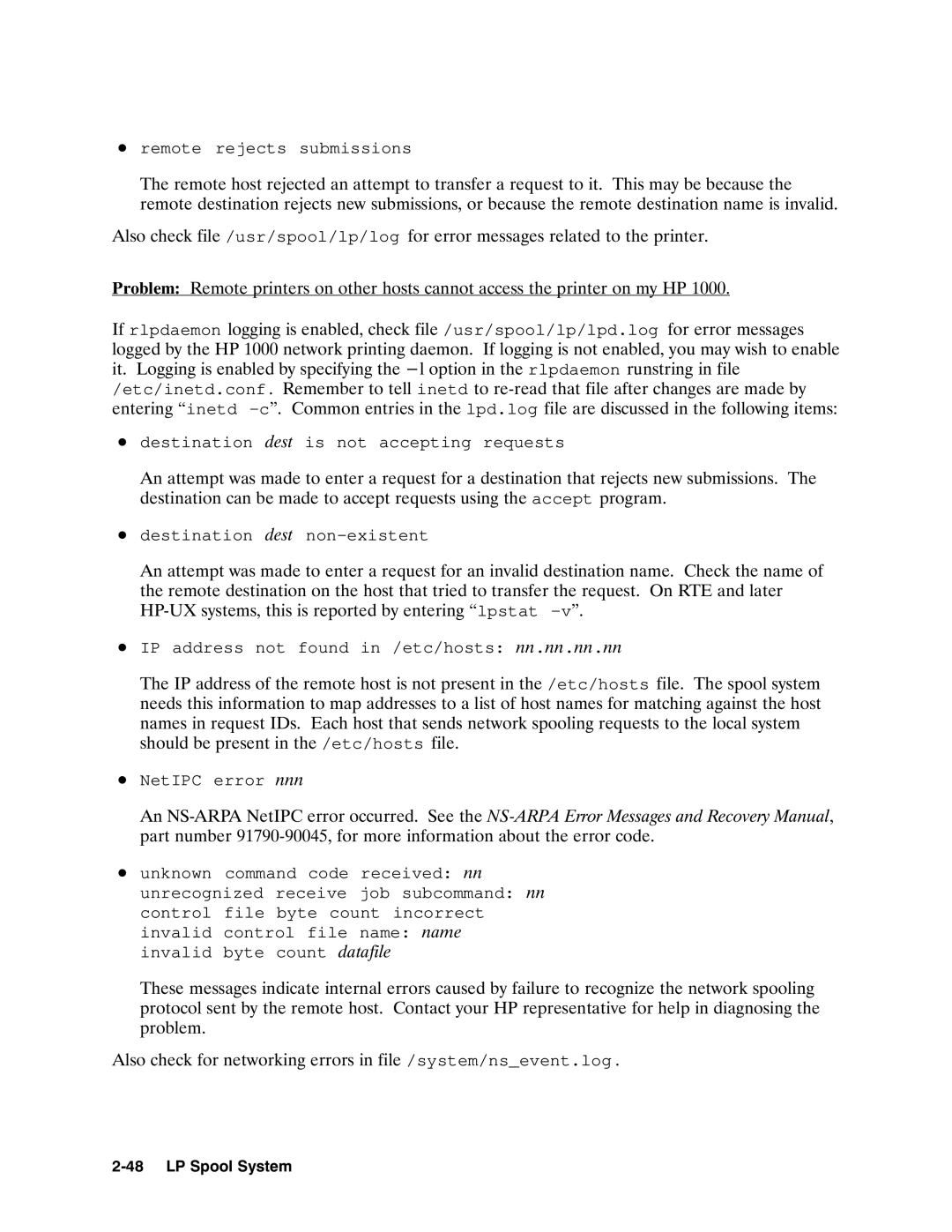 HP E0495 manual Remote rejects submissions Usr/spool/lp/log Rlpdaemon 