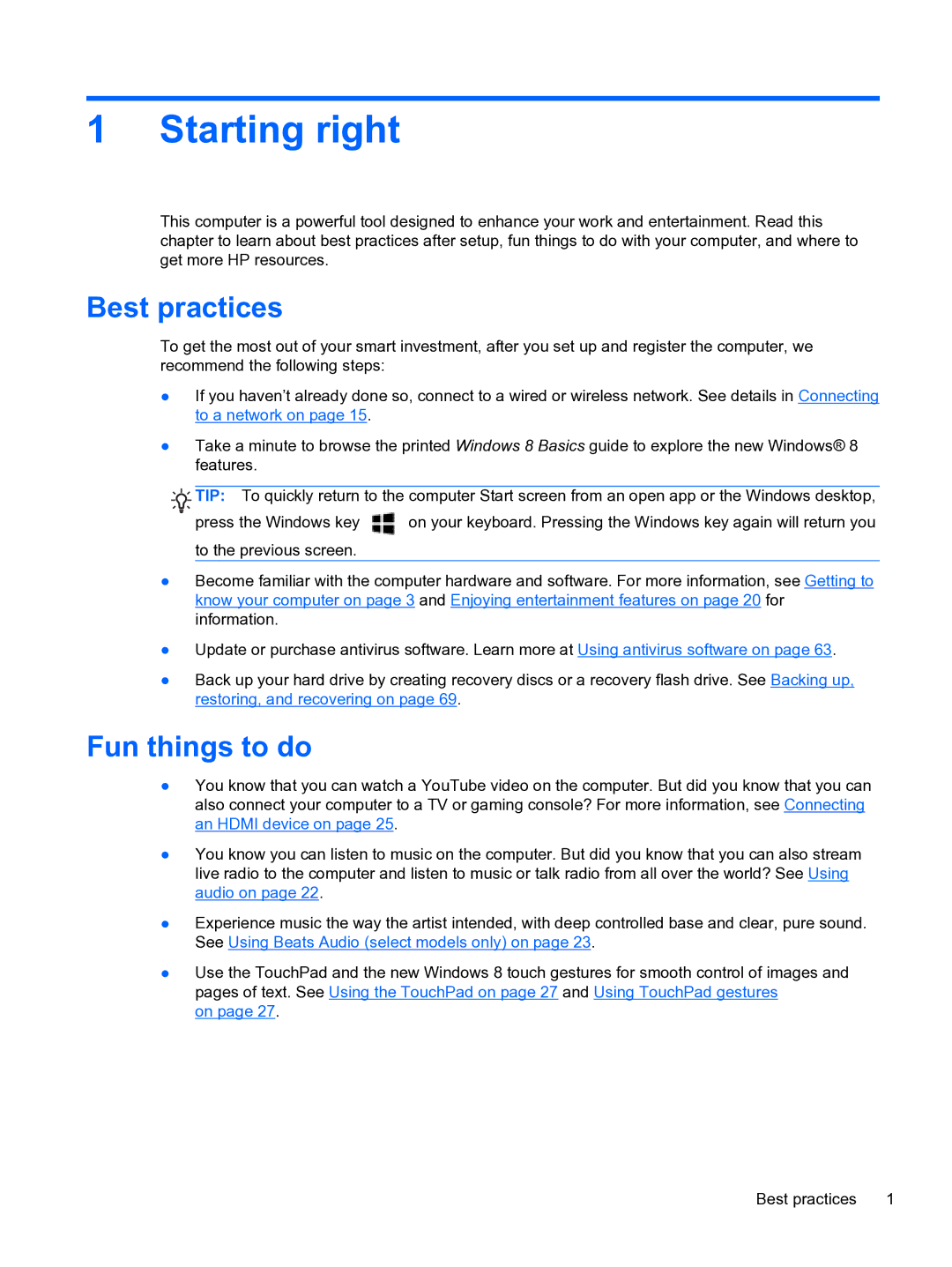 HP E0K10U 15.6 E0K10U#ABA manual Starting right, Best practices, Fun things to do 