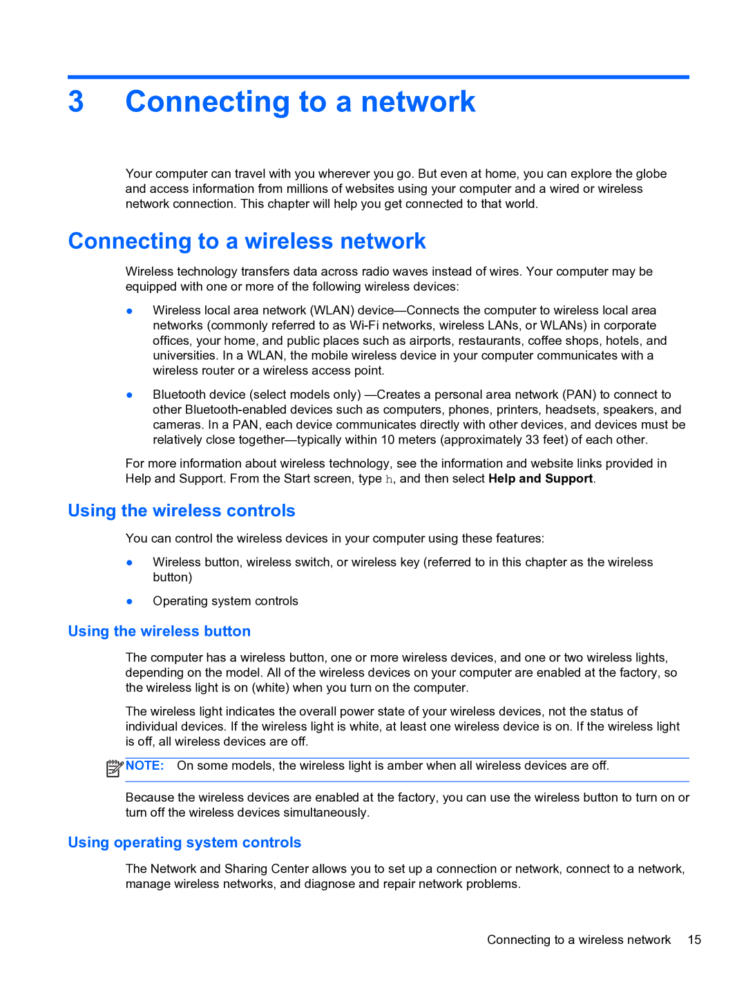 HP E0K10U 15.6 E0K10U#ABA manual Connecting to a network, Connecting to a wireless network, Using the wireless controls 