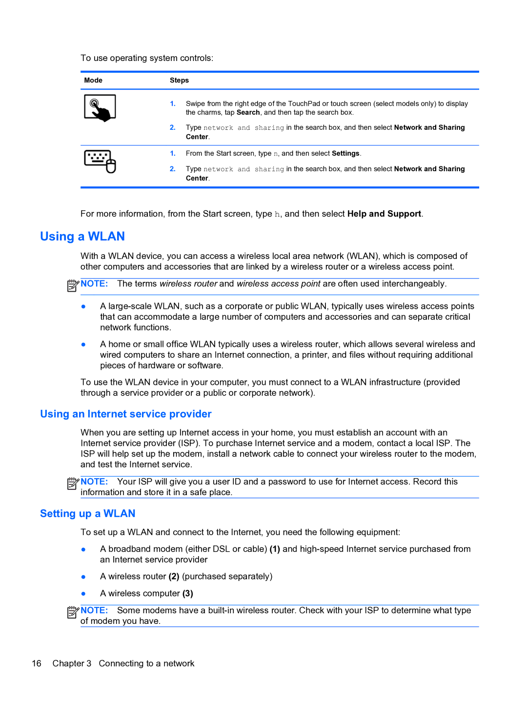 HP E0K10U 15.6 E0K10U#ABA manual Using a Wlan, Using an Internet service provider, Setting up a Wlan, ModeSteps 