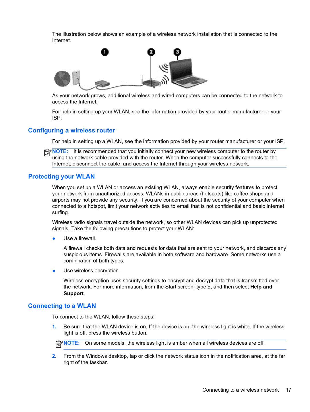 HP E0K10U 15.6 E0K10U#ABA manual Configuring a wireless router, Protecting your Wlan, Connecting to a Wlan 