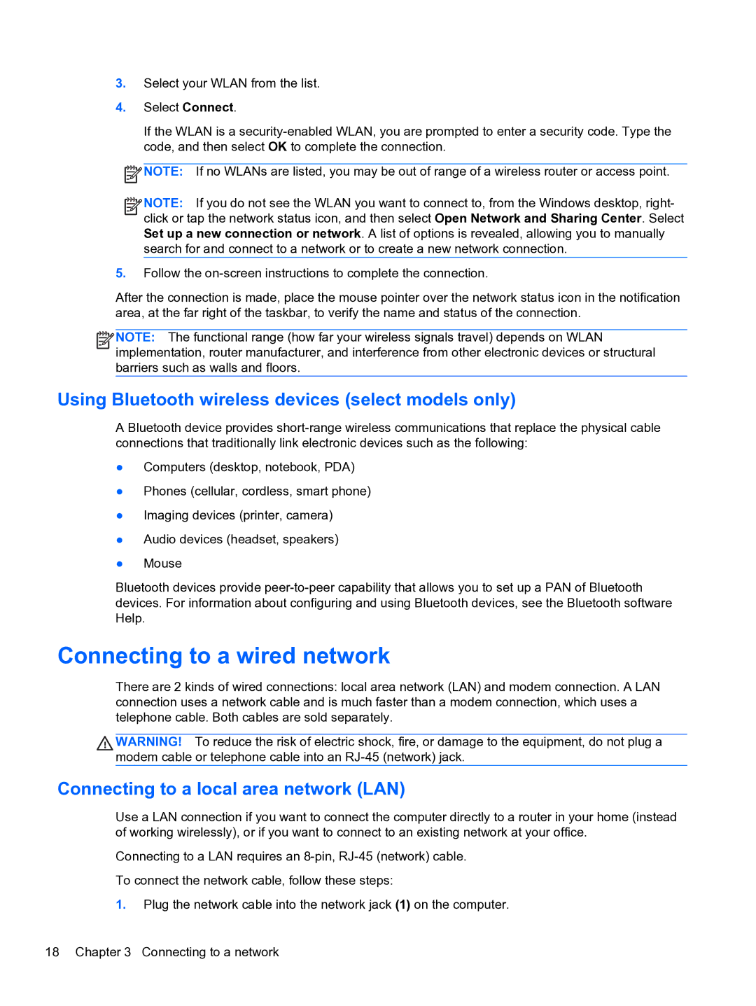 HP E0K10U 15.6 E0K10U#ABA manual Connecting to a wired network, Using Bluetooth wireless devices select models only 