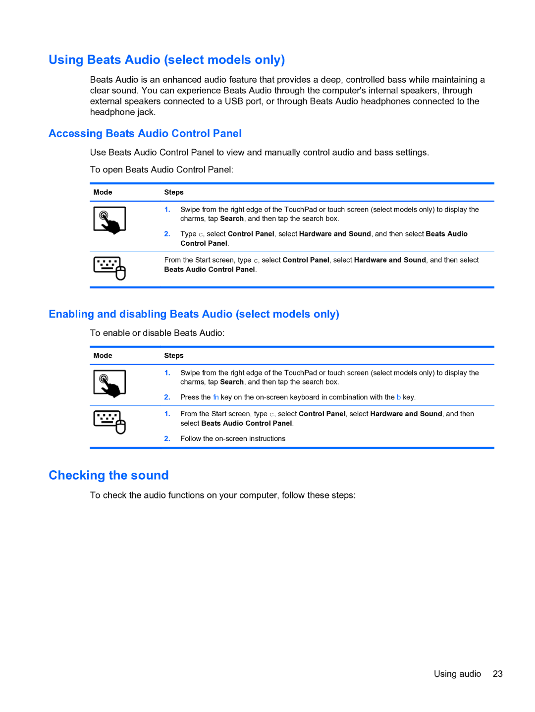 HP E0K10U 15.6 E0K10U#ABA Using Beats Audio select models only, Checking the sound, Accessing Beats Audio Control Panel 