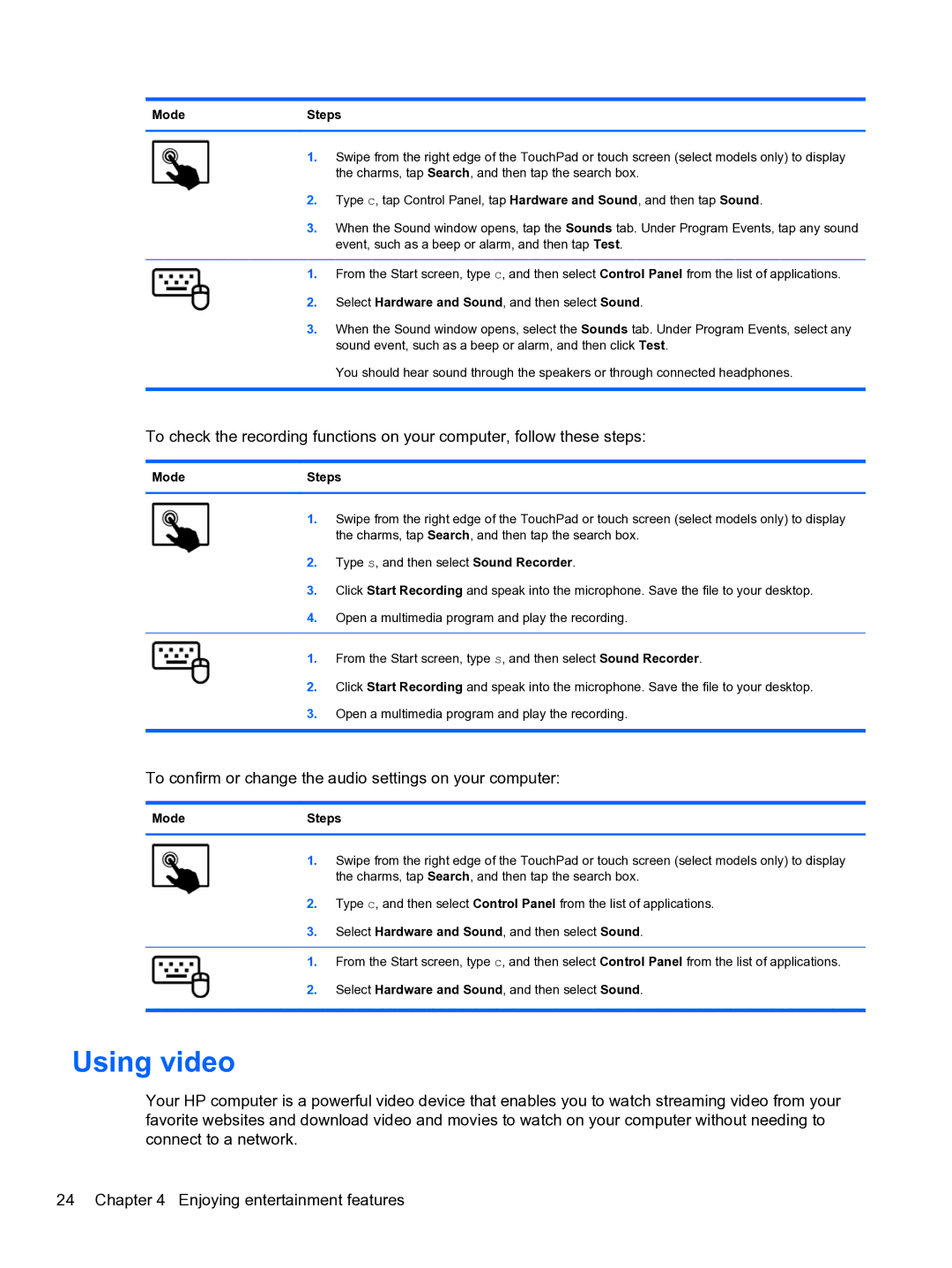 HP E0K10U 15.6 E0K10U#ABA manual Using video, To confirm or change the audio settings on your computer 