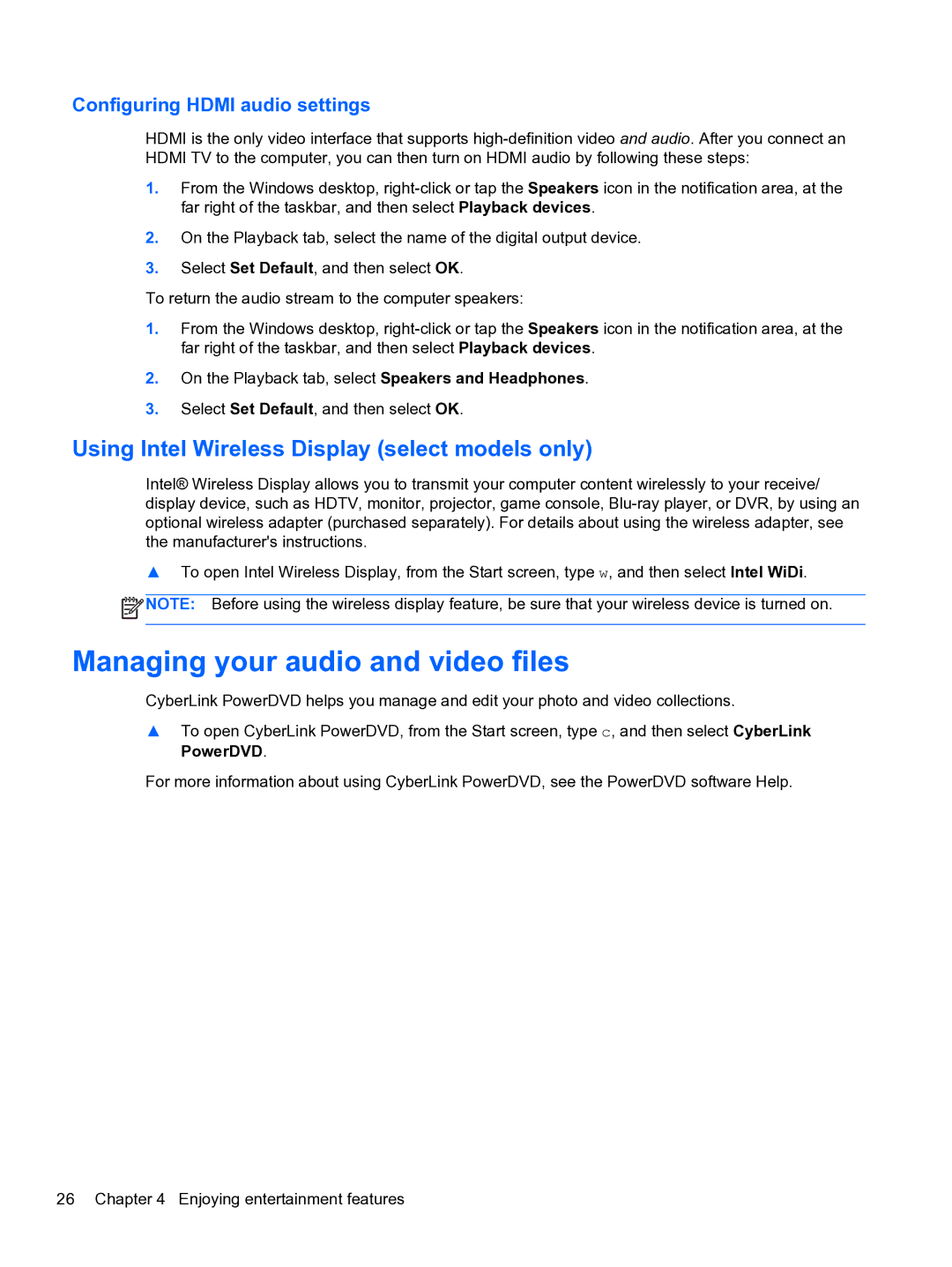 HP E0K10U 15.6 E0K10U#ABA manual Managing your audio and video files, Using Intel Wireless Display select models only 