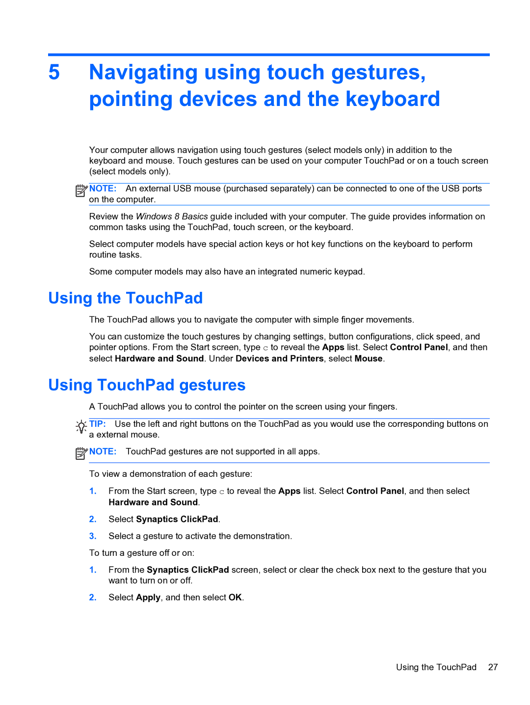 HP E0K10U 15.6 E0K10U#ABA manual Using the TouchPad, Using TouchPad gestures 