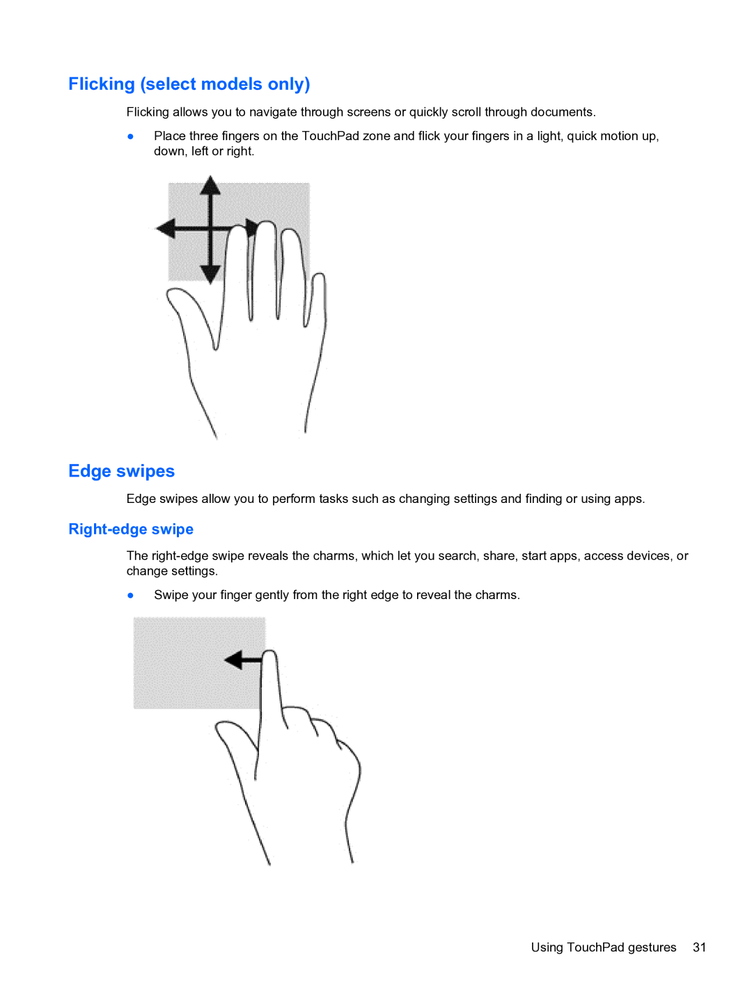 HP E0K10U 15.6 E0K10U#ABA manual Flicking select models only, Edge swipes, Right-edge swipe 