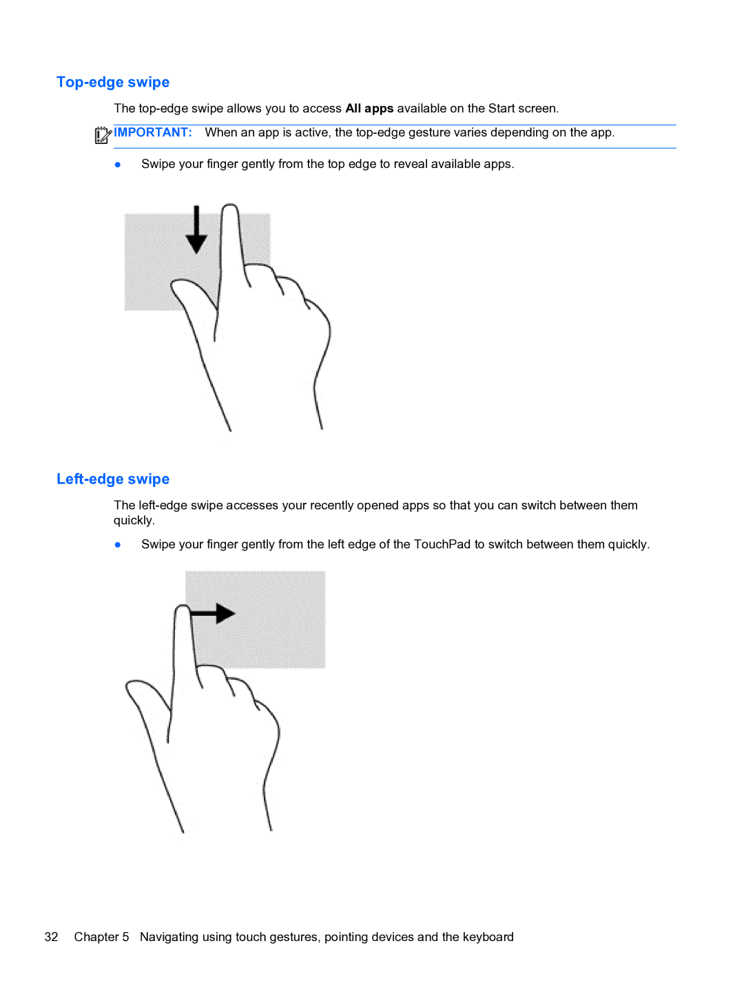 HP E0K10U 15.6 E0K10U#ABA manual Top-edge swipe, Left-edge swipe 