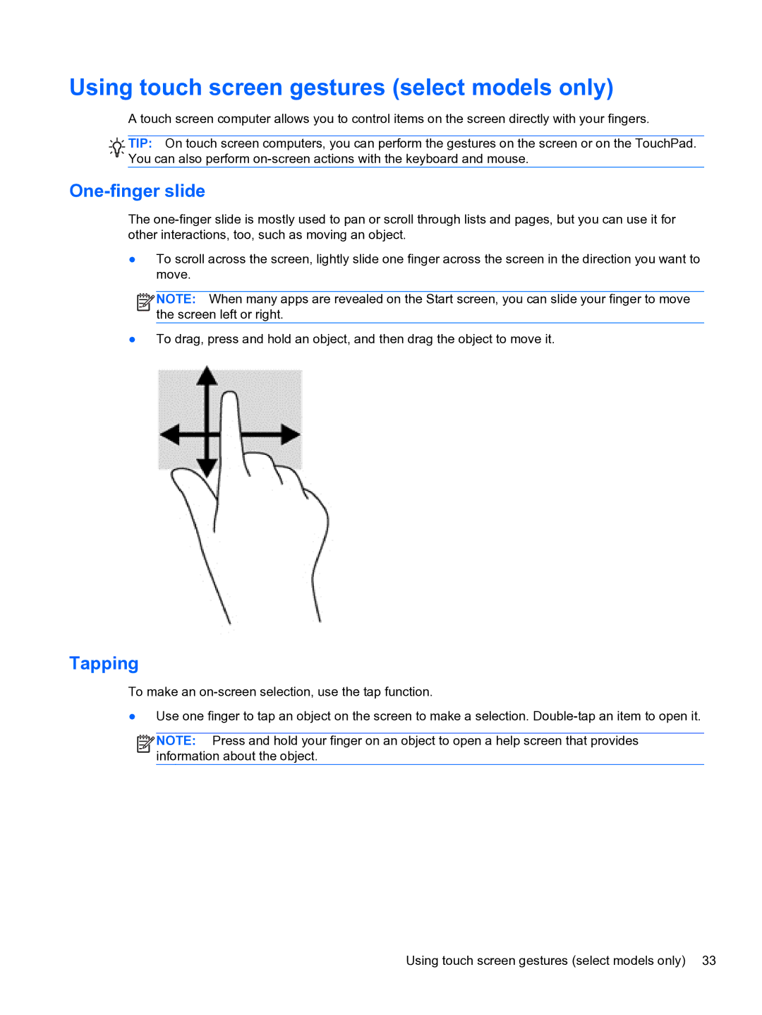 HP E0K10U 15.6 E0K10U#ABA manual Using touch screen gestures select models only, One-finger slide 