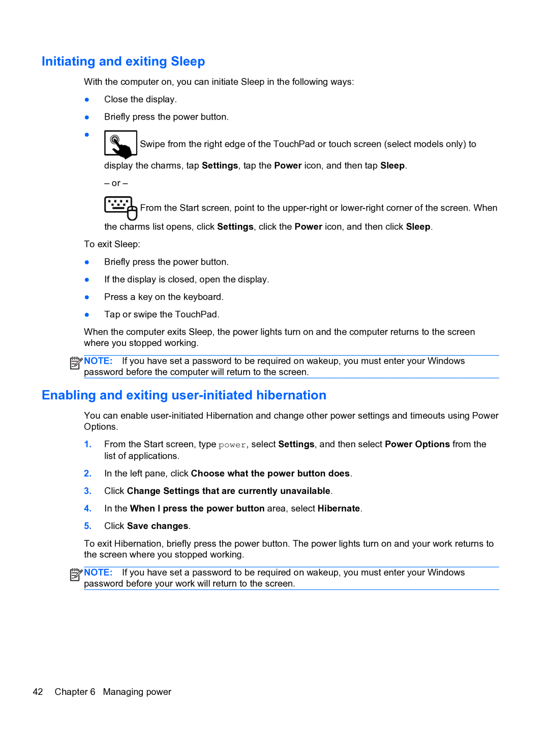 HP E0K10U 15.6 E0K10U#ABA manual Initiating and exiting Sleep, Enabling and exiting user-initiated hibernation 