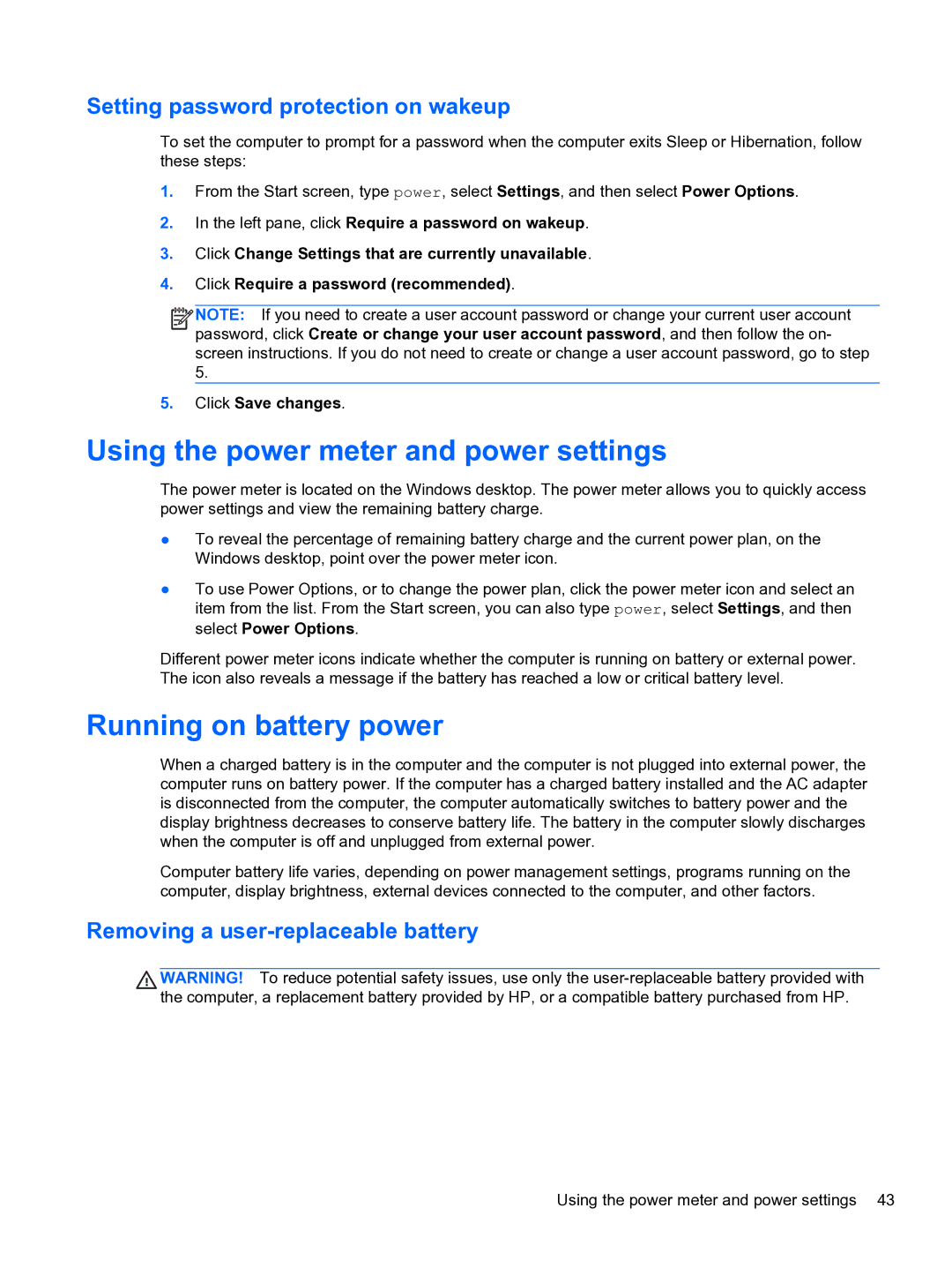 HP E0K10U 15.6 E0K10U#ABA manual Using the power meter and power settings, Running on battery power 