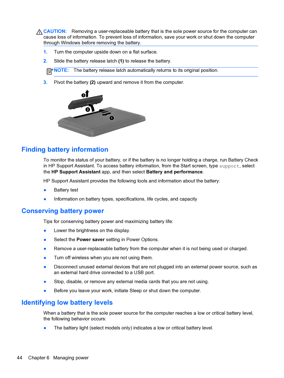 HP E0K10U 15.6 E0K10U#ABA manual Finding battery information, Conserving battery power, Identifying low battery levels 