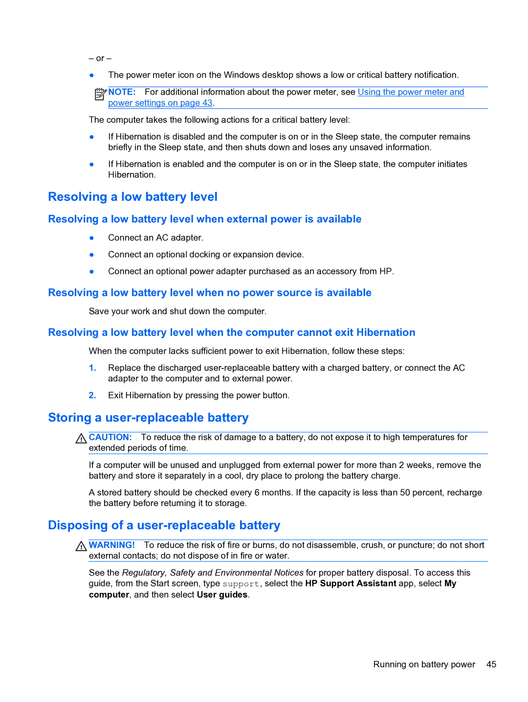 HP E0K10U 15.6 E0K10U#ABA manual Resolving a low battery level, Storing a user-replaceable battery 