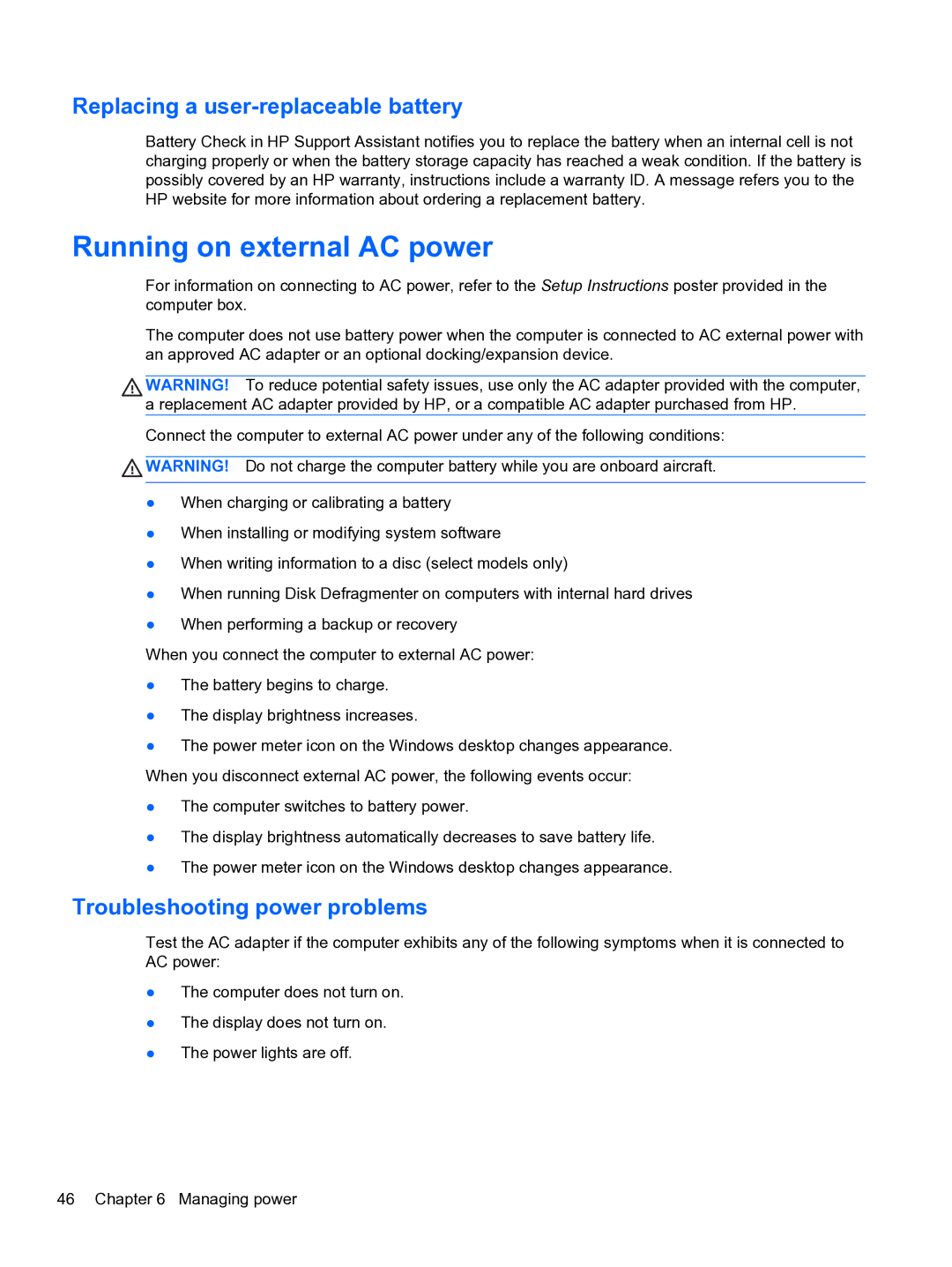 HP E0K10U 15.6 E0K10U#ABA manual Running on external AC power, Replacing a user-replaceable battery 