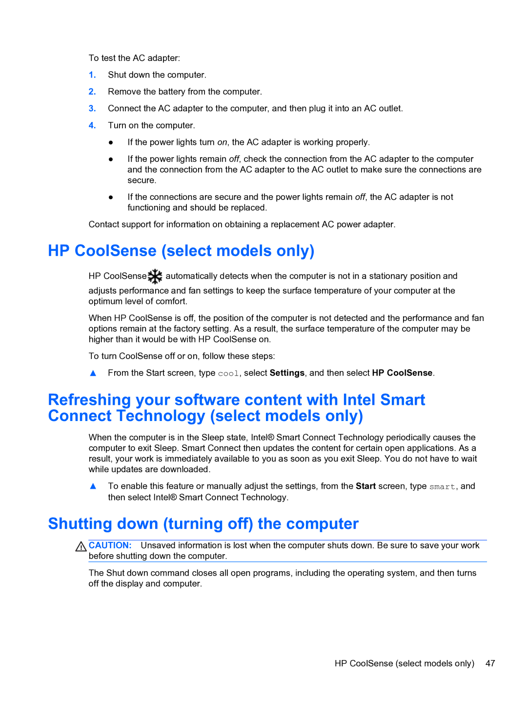 HP E0K10U 15.6 E0K10U#ABA manual HP CoolSense select models only, Shutting down turning off the computer 