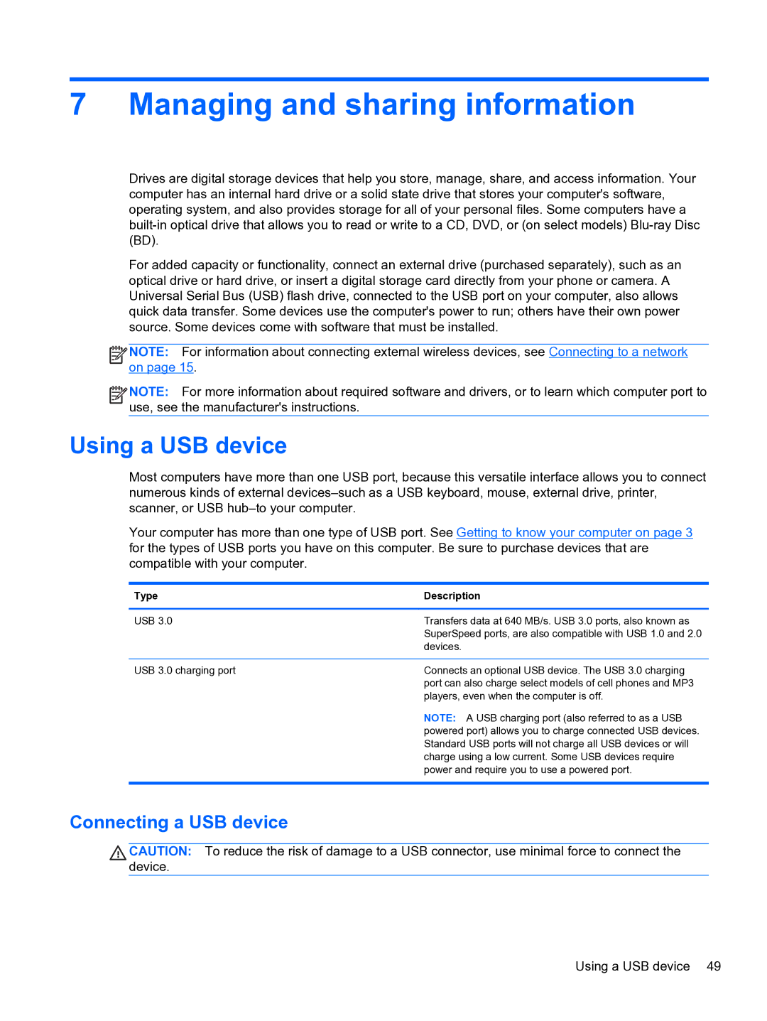 HP E0K10U 15.6 E0K10U#ABA Managing and sharing information, Using a USB device, Connecting a USB device, Type Description 