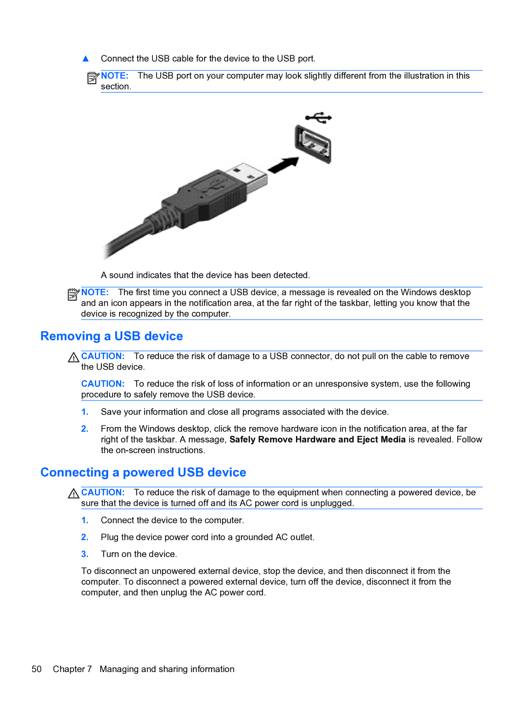 HP E0K10U 15.6 E0K10U#ABA manual Removing a USB device, Connecting a powered USB device 