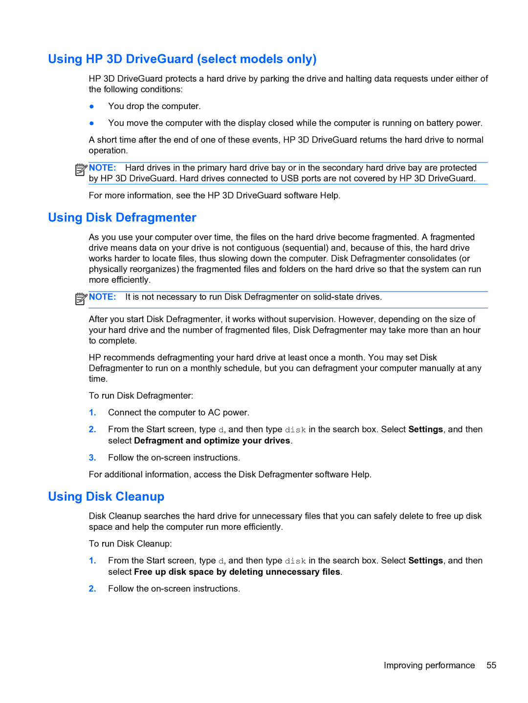 HP E0K10U 15.6 E0K10U#ABA manual Using HP 3D DriveGuard select models only, Using Disk Defragmenter, Using Disk Cleanup 