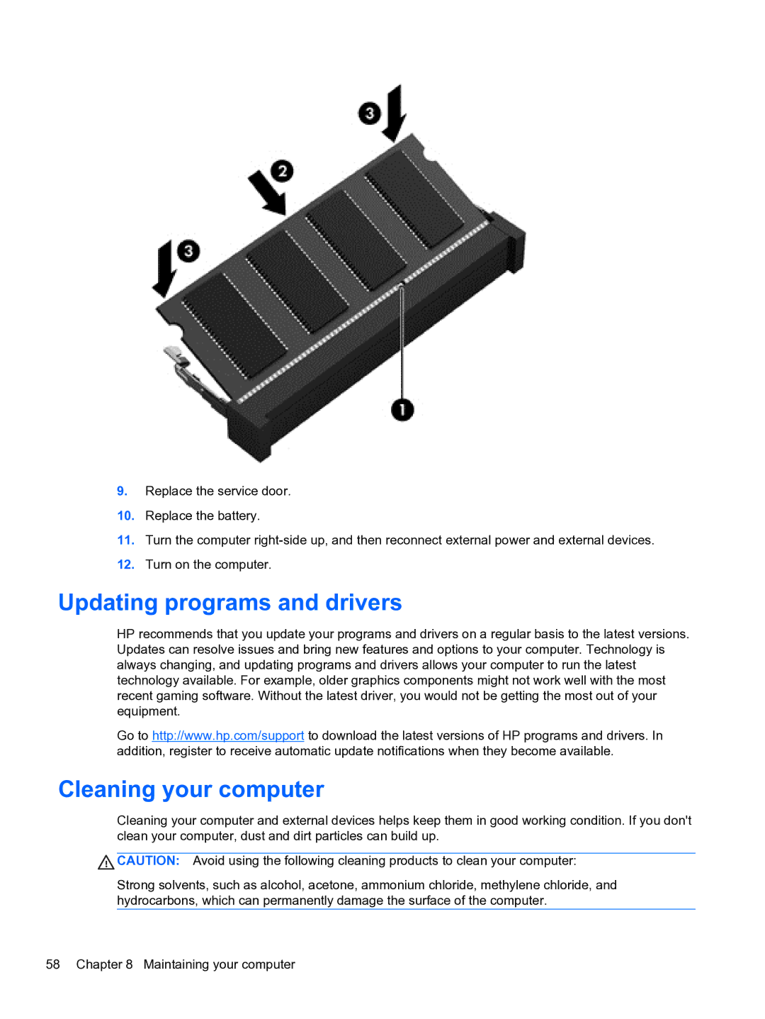 HP E0K10U 15.6 E0K10U#ABA manual Updating programs and drivers, Cleaning your computer 