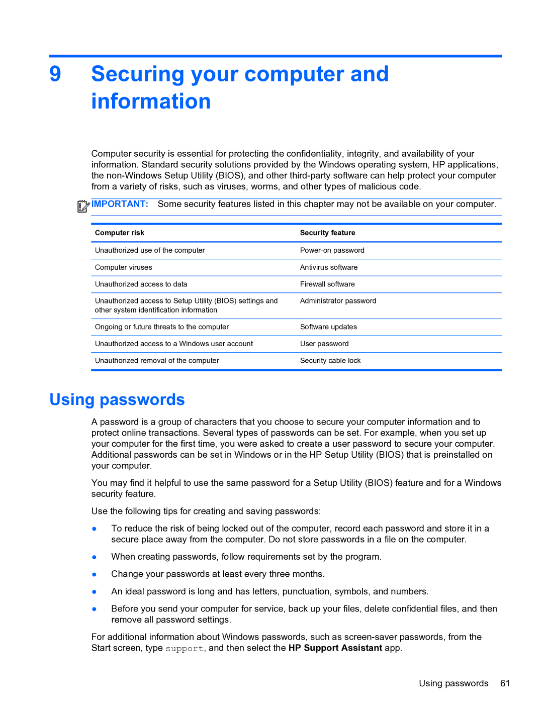 HP E0K10U 15.6 E0K10U#ABA manual Securing your computer and information, Using passwords, Computer risk Security feature 