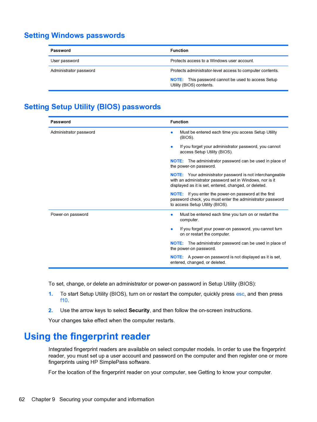 HP E0K10U 15.6 E0K10U#ABA Using the fingerprint reader, Setting Windows passwords, Setting Setup Utility Bios passwords 