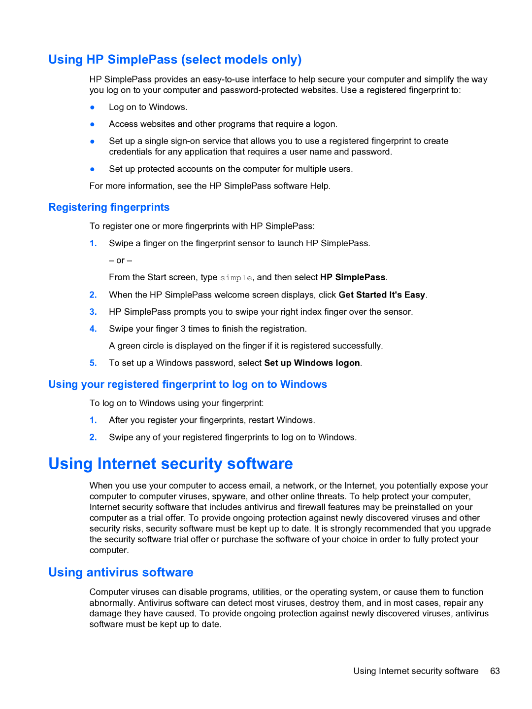 HP E0K10U 15.6 E0K10U#ABA manual Using Internet security software, Using HP SimplePass select models only 