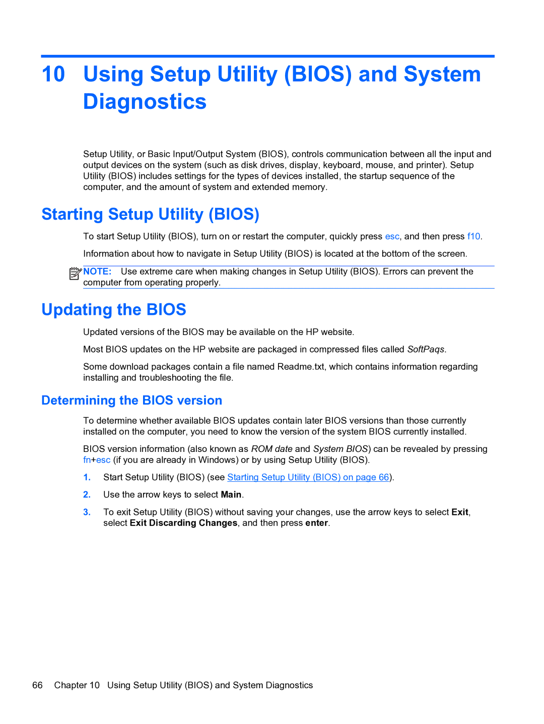 HP E0K10U 15.6 E0K10U#ABA Using Setup Utility Bios and System Diagnostics, Starting Setup Utility Bios, Updating the Bios 