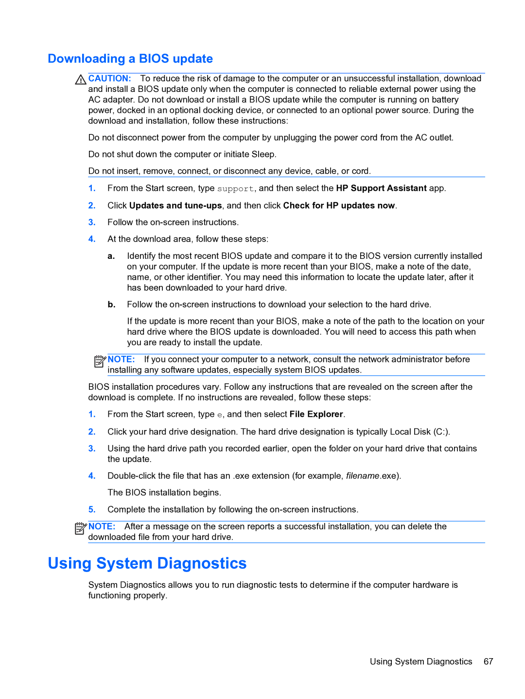 HP E0K10U 15.6 E0K10U#ABA manual Using System Diagnostics, Downloading a Bios update 