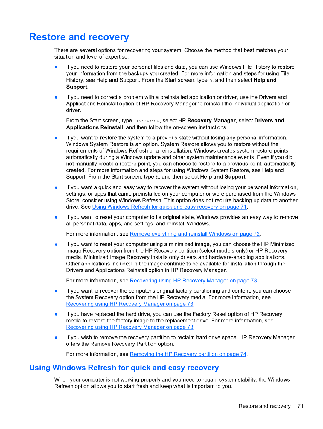 HP E0K10U 15.6 E0K10U#ABA manual Restore and recovery, Using Windows Refresh for quick and easy recovery 