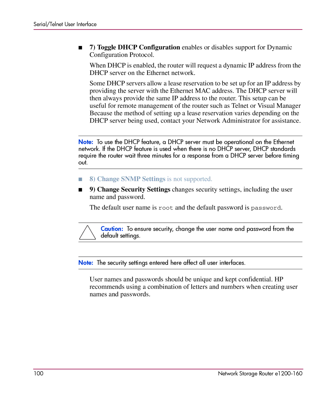 HP e1200-160 manual Change Snmp Settings is not supported 