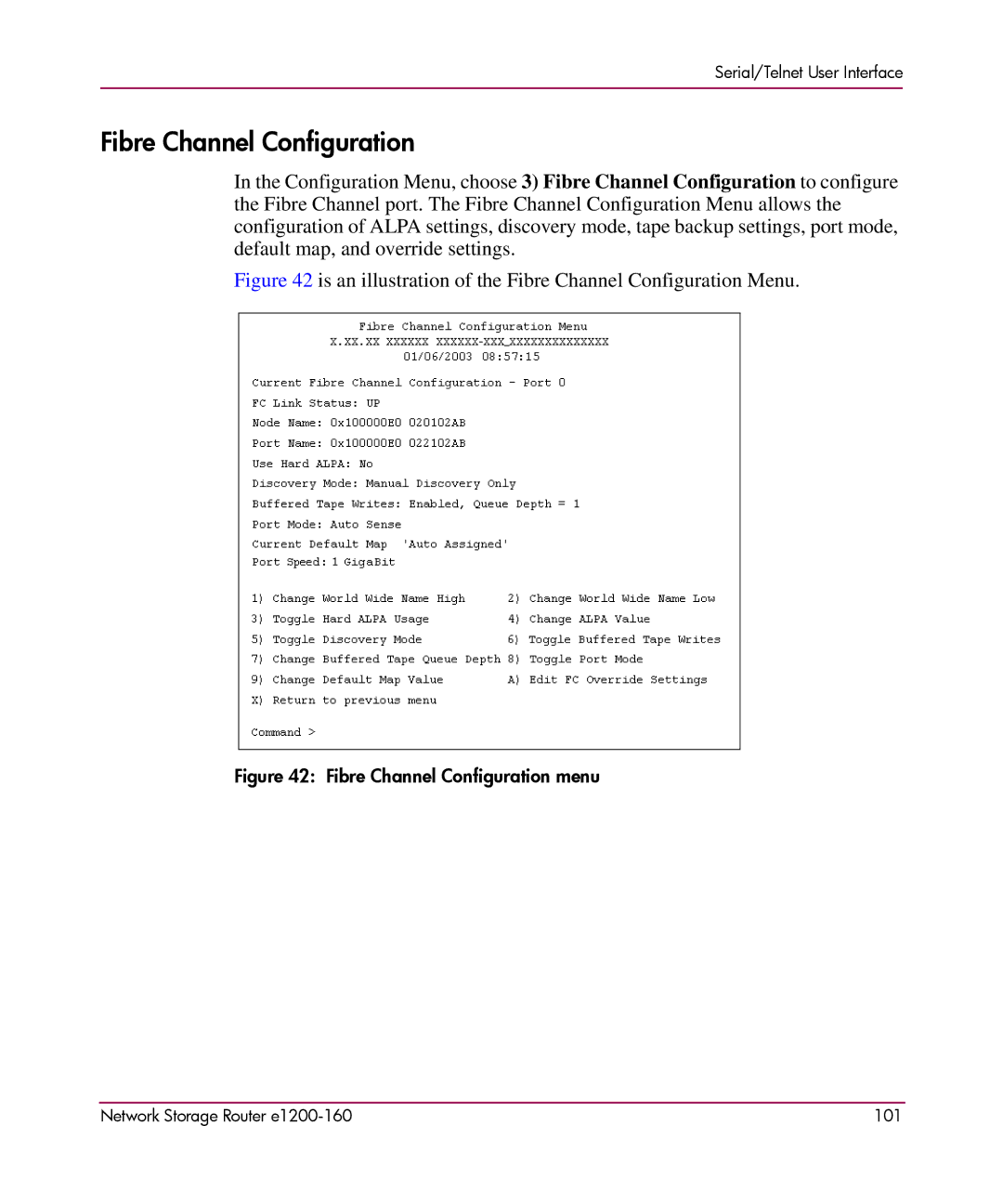 HP e1200-160 manual Is an illustration of the Fibre Channel Configuration Menu 