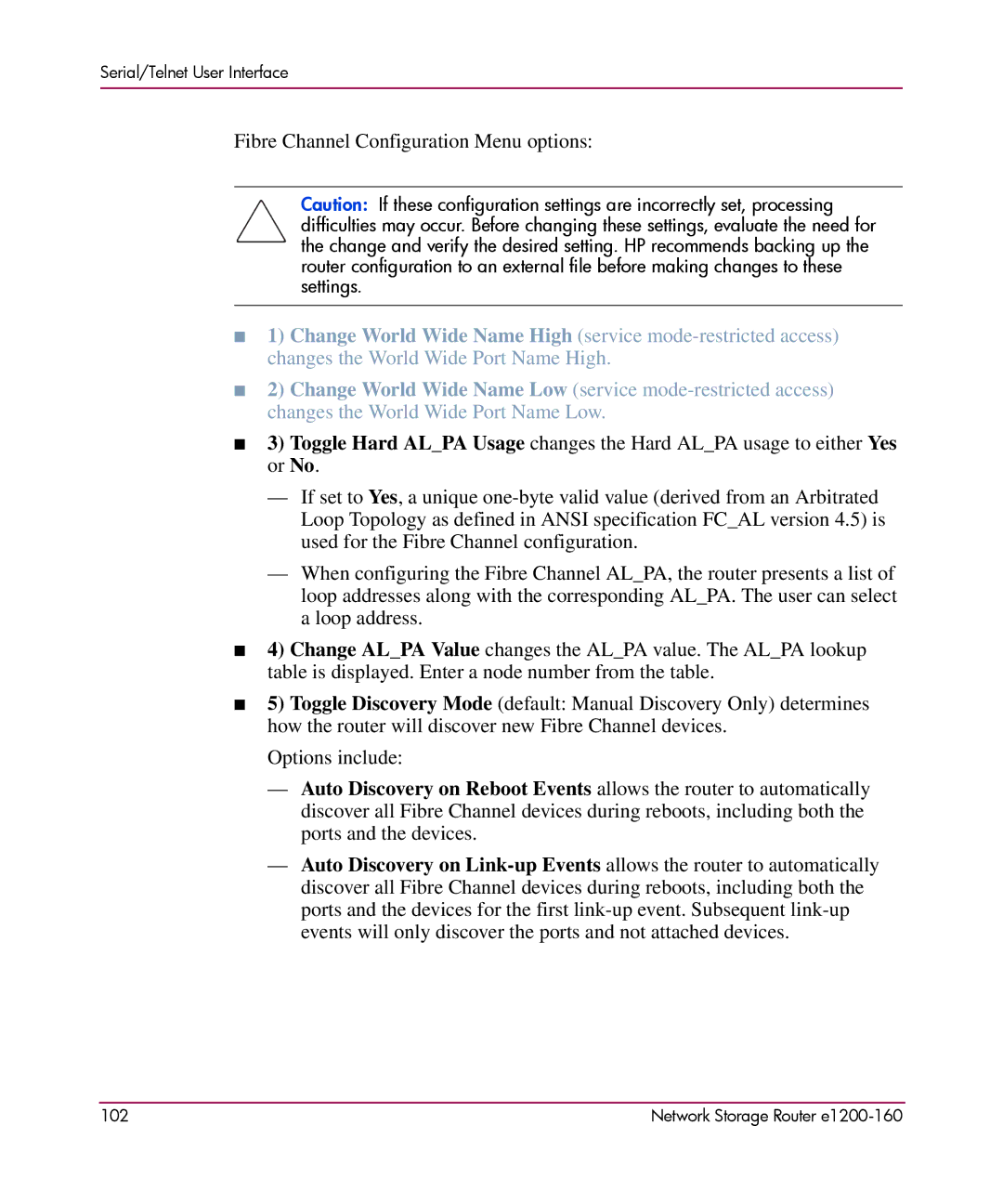 HP e1200-160 manual Fibre Channel Configuration Menu options 