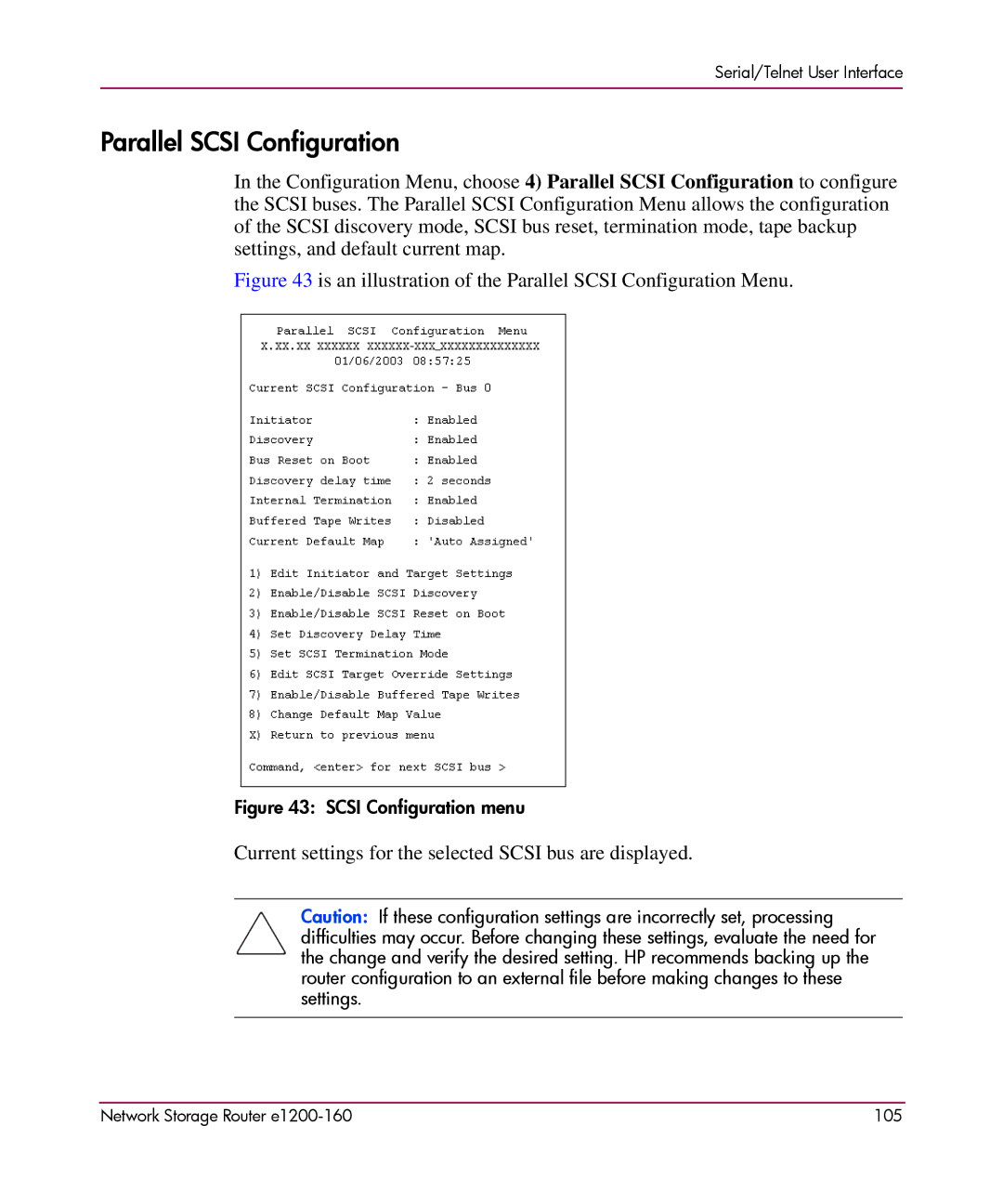 HP e1200-160 manual Is an illustration of the Parallel Scsi Configuration Menu 