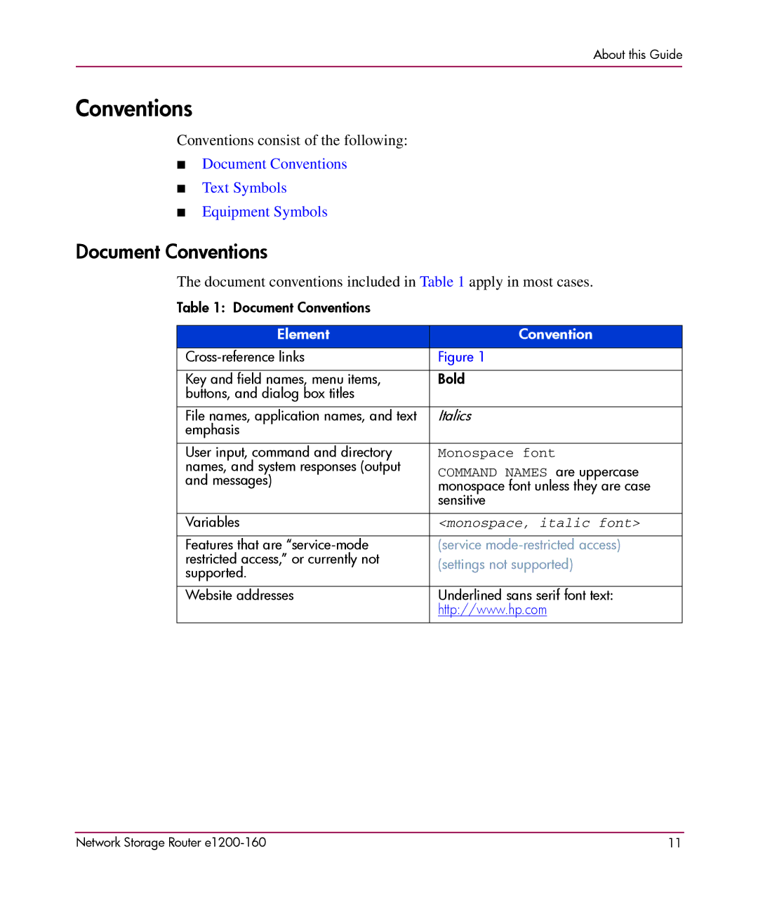 HP e1200-160 manual Document Conventions 