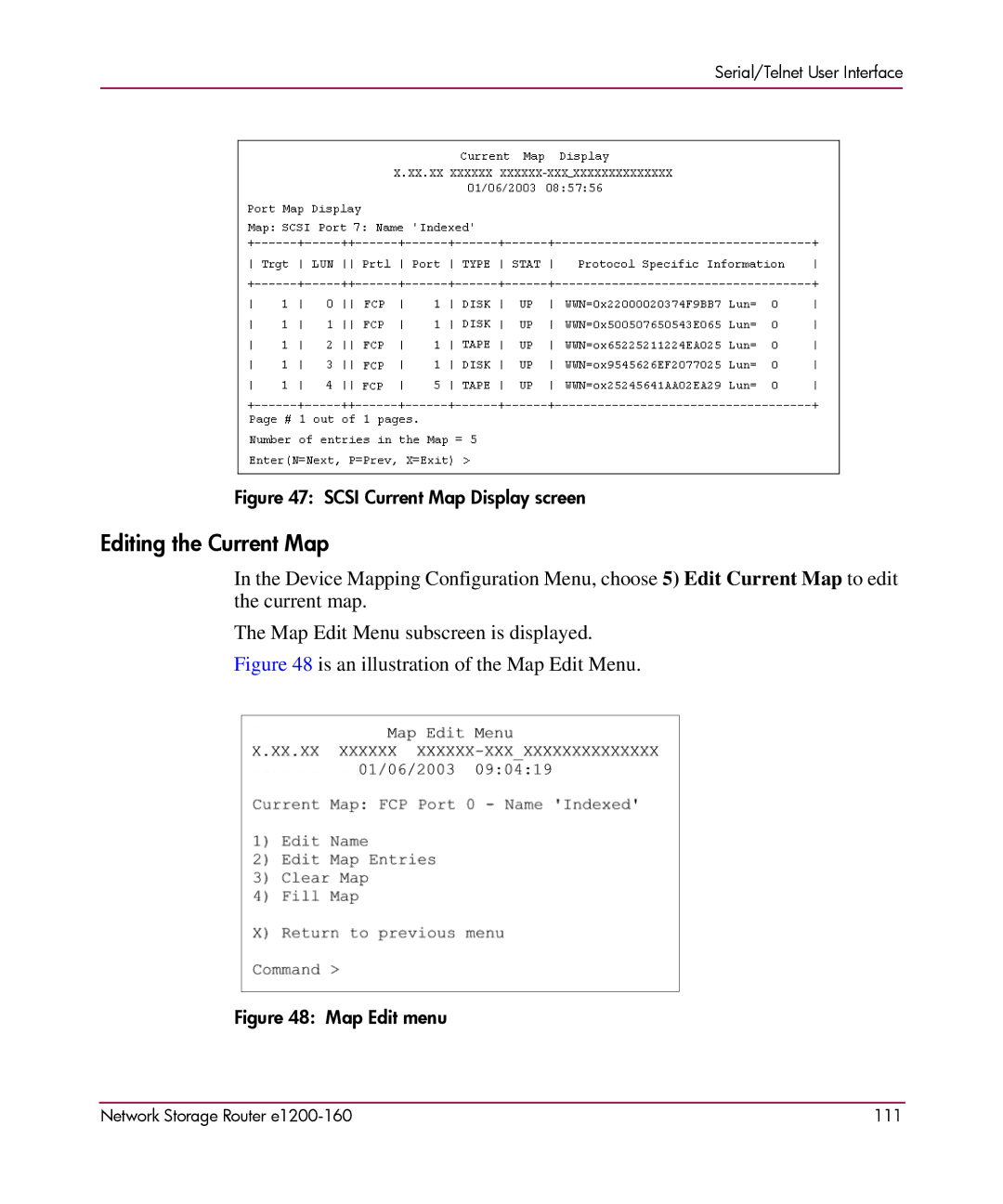 HP e1200-160 manual Editing the Current Map, Scsi Current Map Display screen 