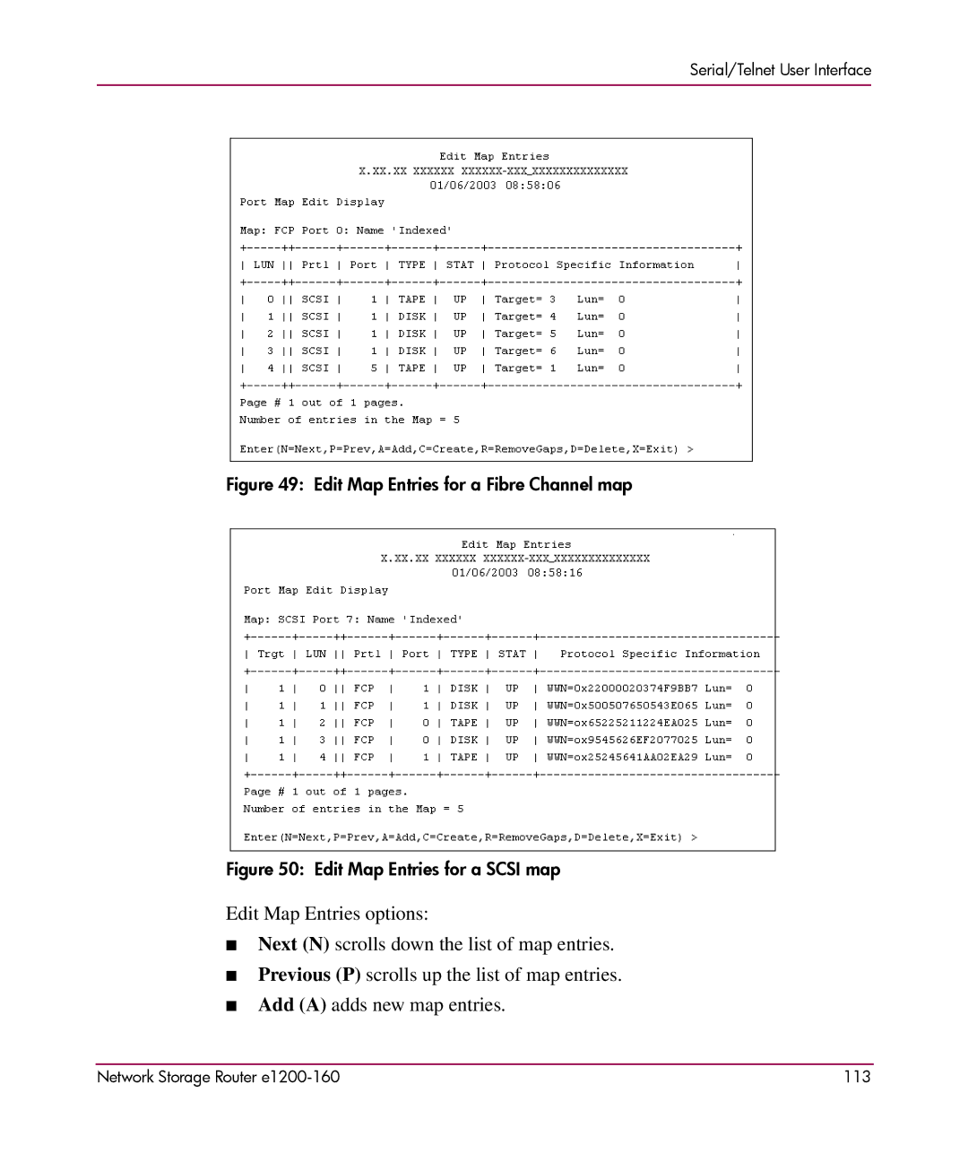 HP e1200-160 manual Edit Map Entries for a Fibre Channel map 