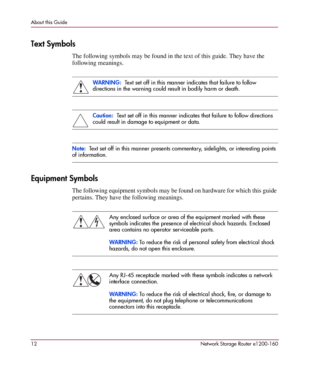 HP e1200-160 manual Text Symbols, Equipment Symbols 