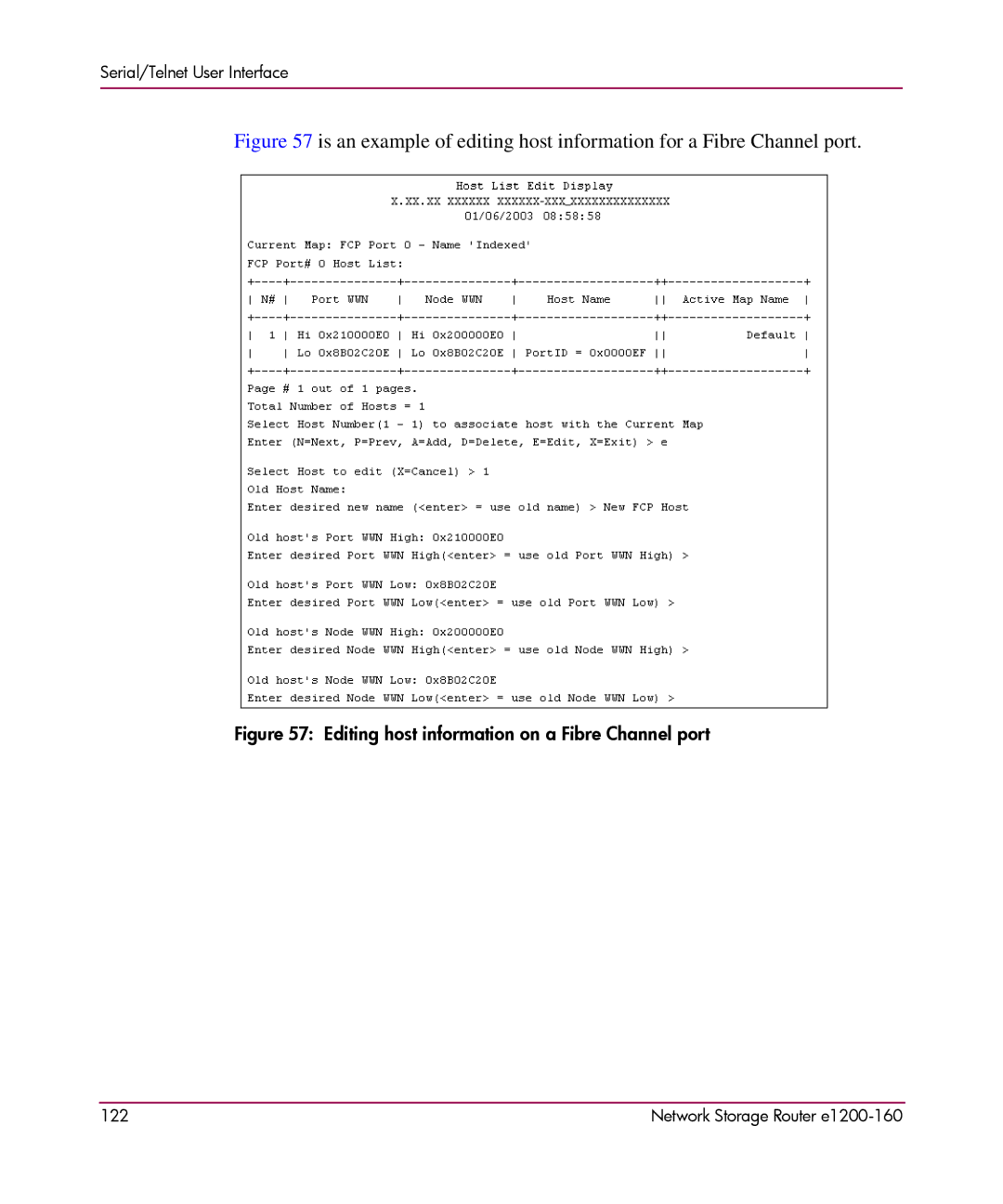 HP e1200-160 manual Editing host information on a Fibre Channel port 