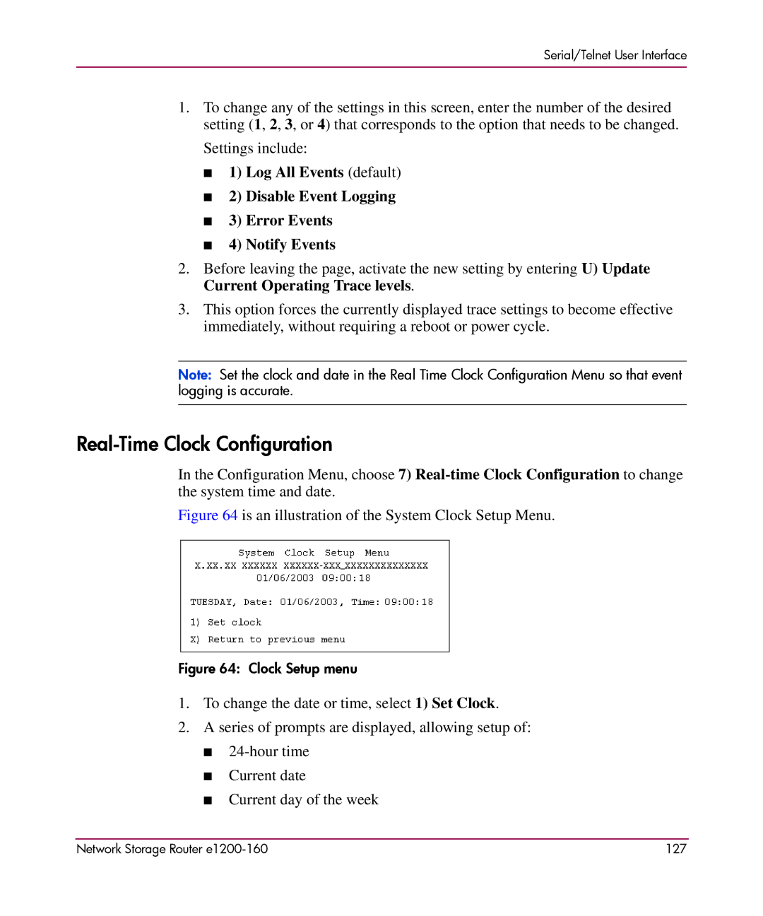 HP e1200-160 manual Is an illustration of the System Clock Setup Menu 