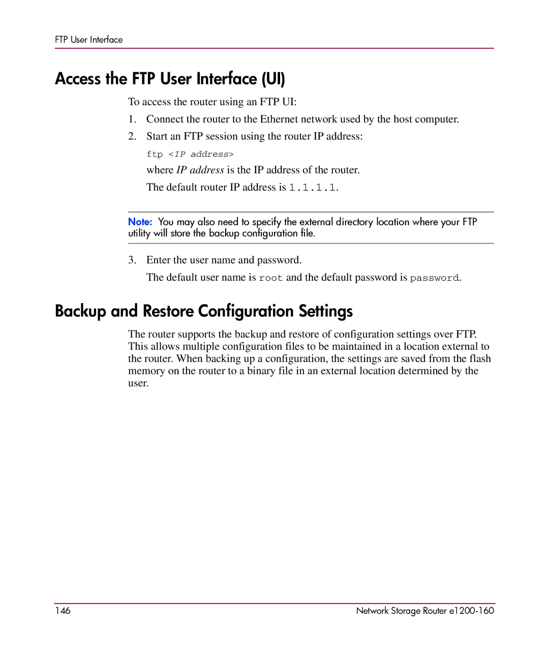 HP e1200-160 manual Access the FTP User Interface UI, Backup and Restore Configuration Settings 