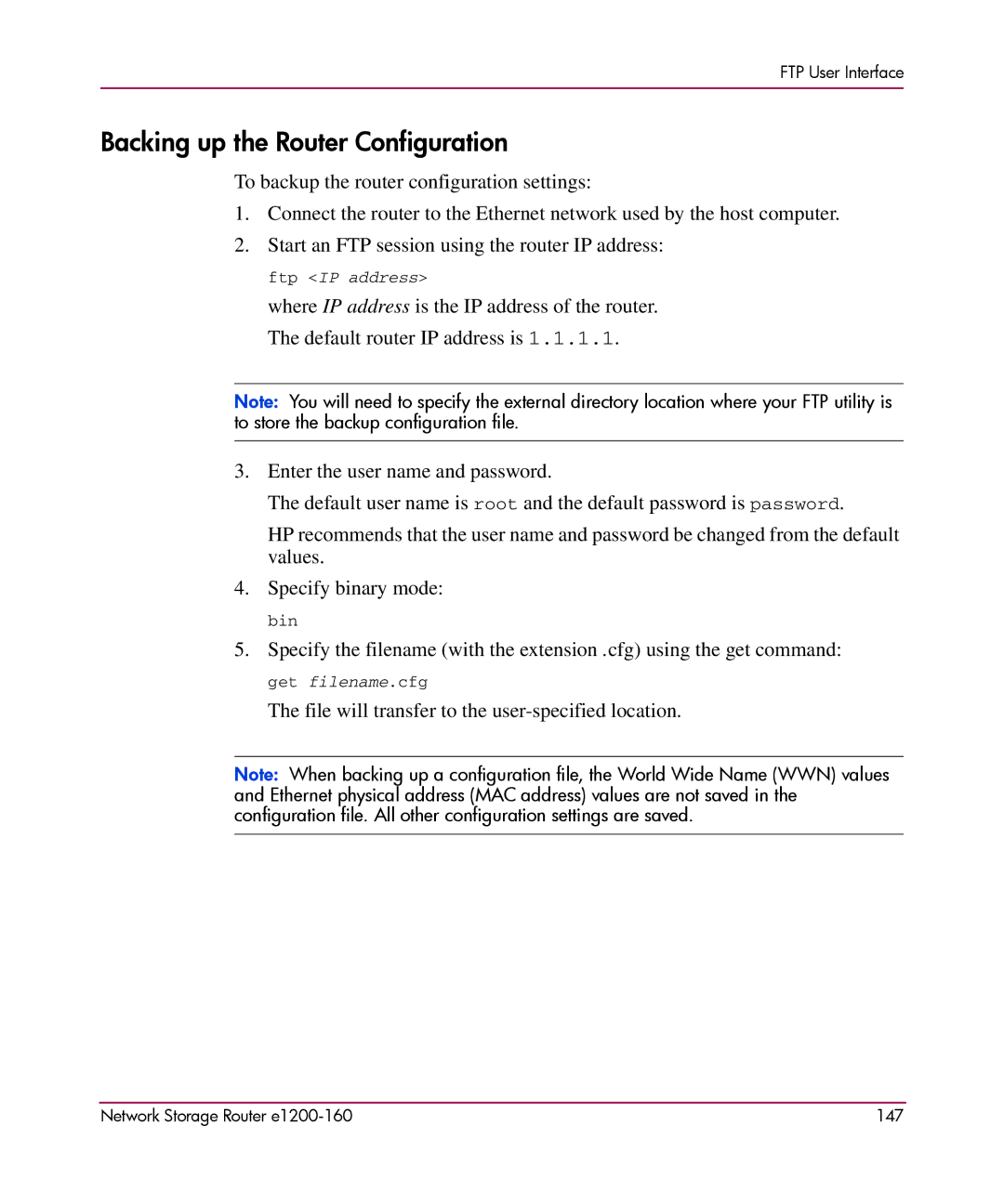 HP e1200-160 manual Backing up the Router Configuration 