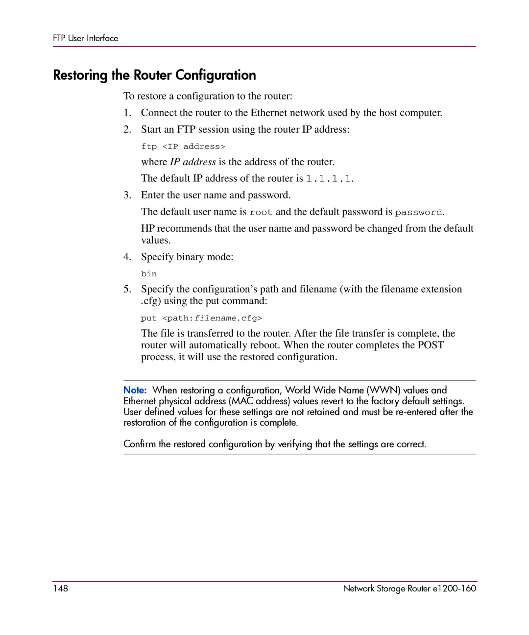 HP e1200-160 manual Restoring the Router Configuration 