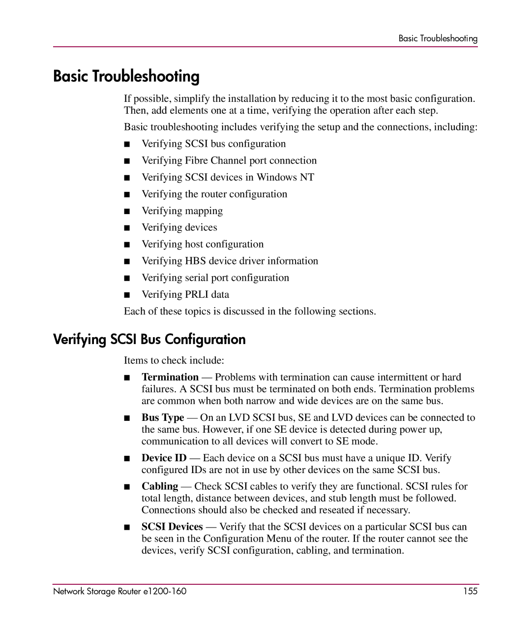 HP e1200-160 manual Basic Troubleshooting, Verifying Scsi Bus Configuration 