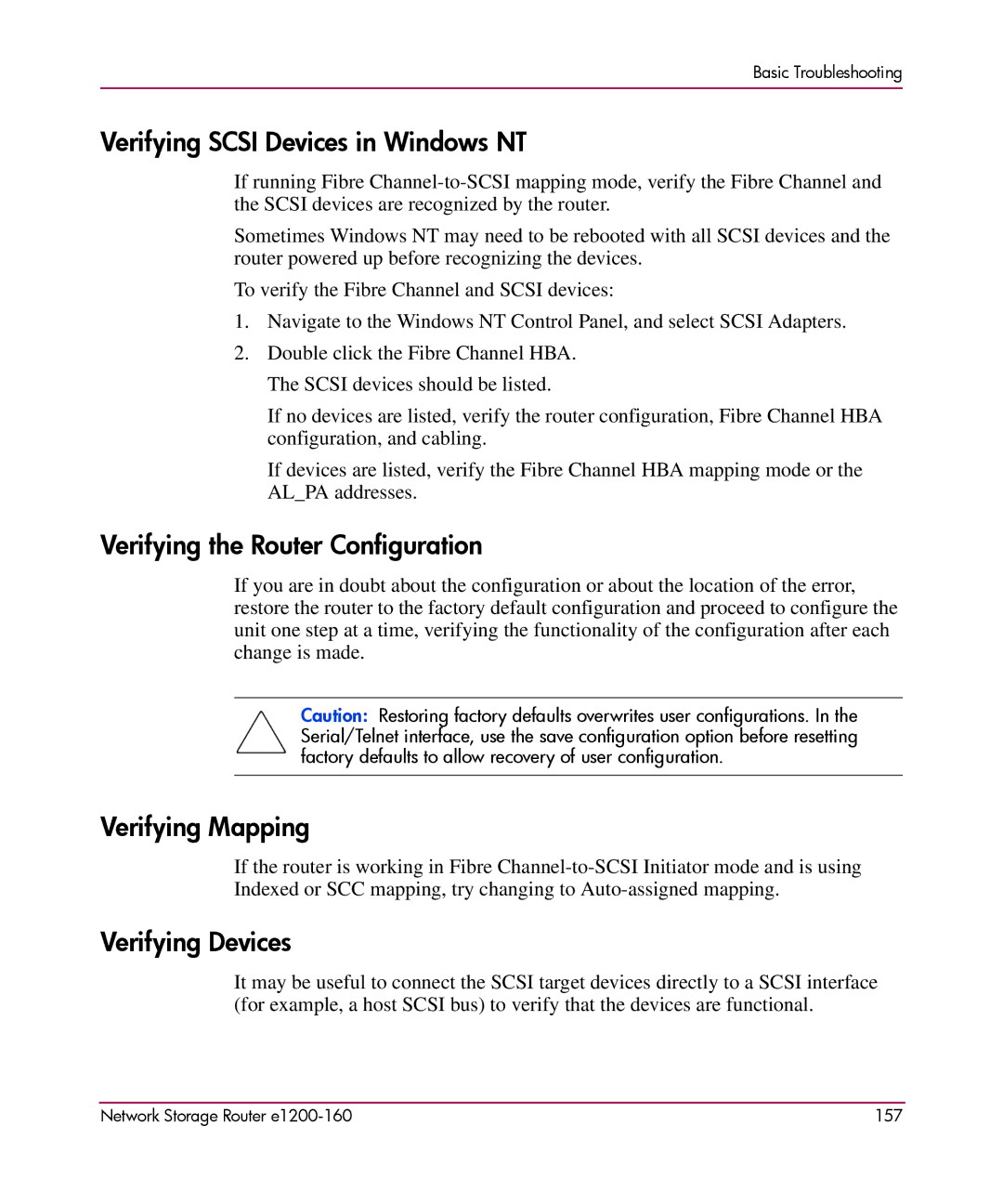 HP e1200-160 manual Verifying Scsi Devices in Windows NT, Verifying the Router Configuration, Verifying Mapping 