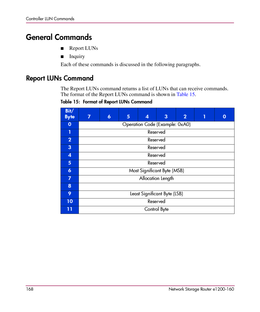 HP e1200-160 manual General Commands, Report LUNs Command 