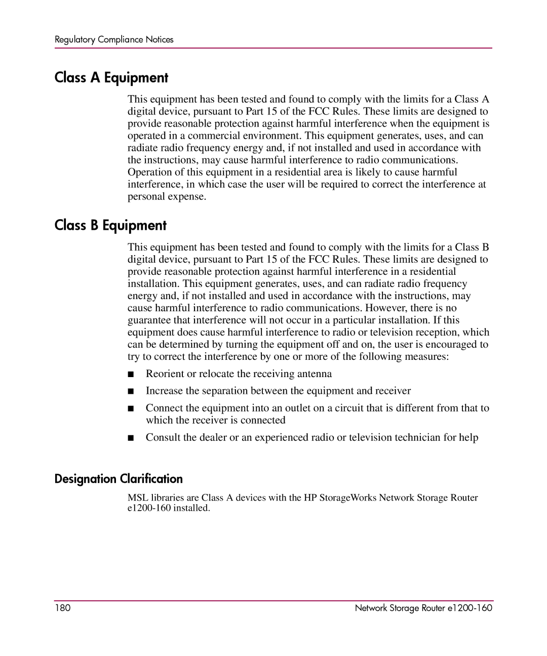 HP e1200-160 manual Class a Equipment, Class B Equipment, Designation Clarification 