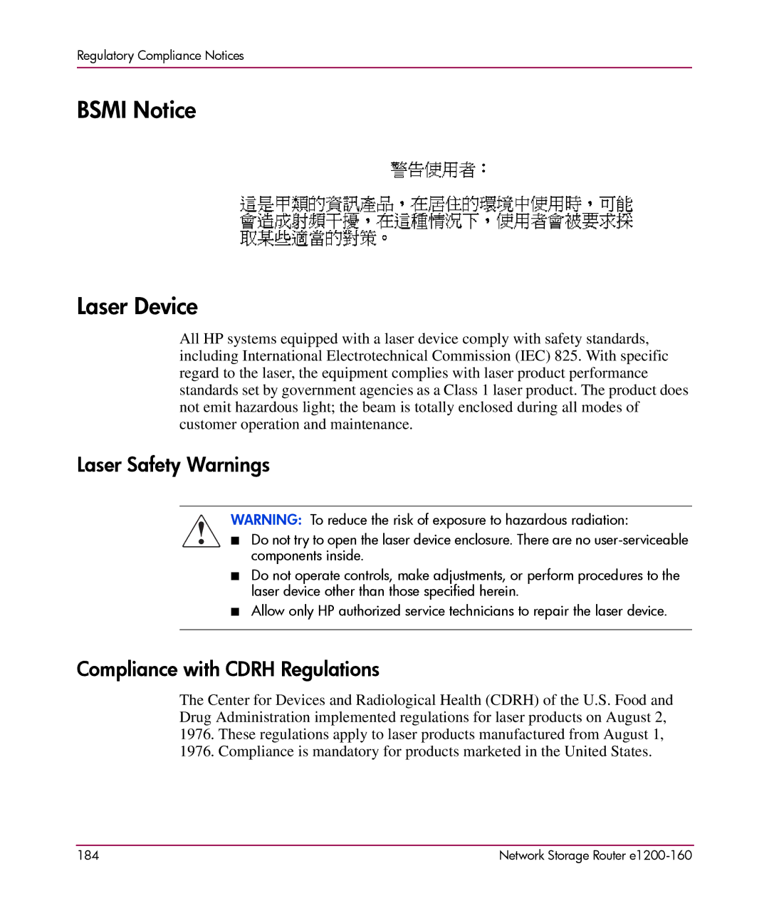 HP e1200-160 manual Bsmi Notice Laser Device, Laser Safety Warnings, Compliance with Cdrh Regulations 